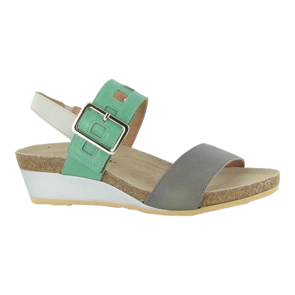 Naot Leather Wedge Sandals Grey Teal Silver Ankle Strap Made in Israel Size 38